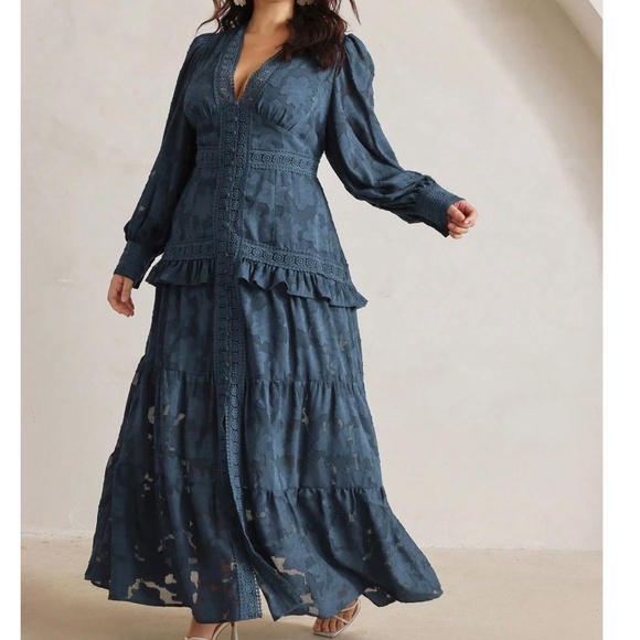 Plus Floral Print Button V neck Ruffle Hem Long Sleeve Maxi Dress - Picture 3 of 9